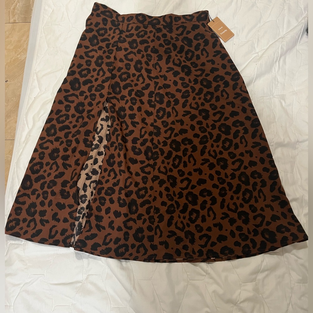 Shein Frenchy Brown Black Midi A-Line Skirt Asymmetrical Slit